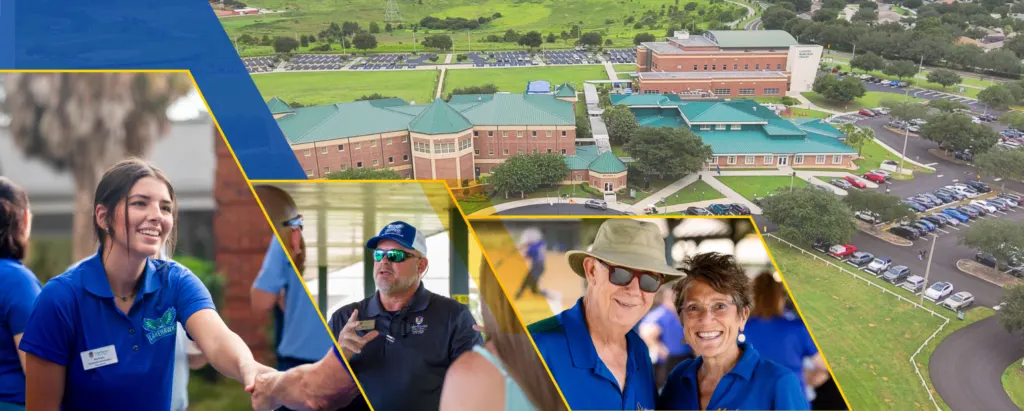 Aerial view of campus featuring multiple photos of staff and individuals in blue shirts.
