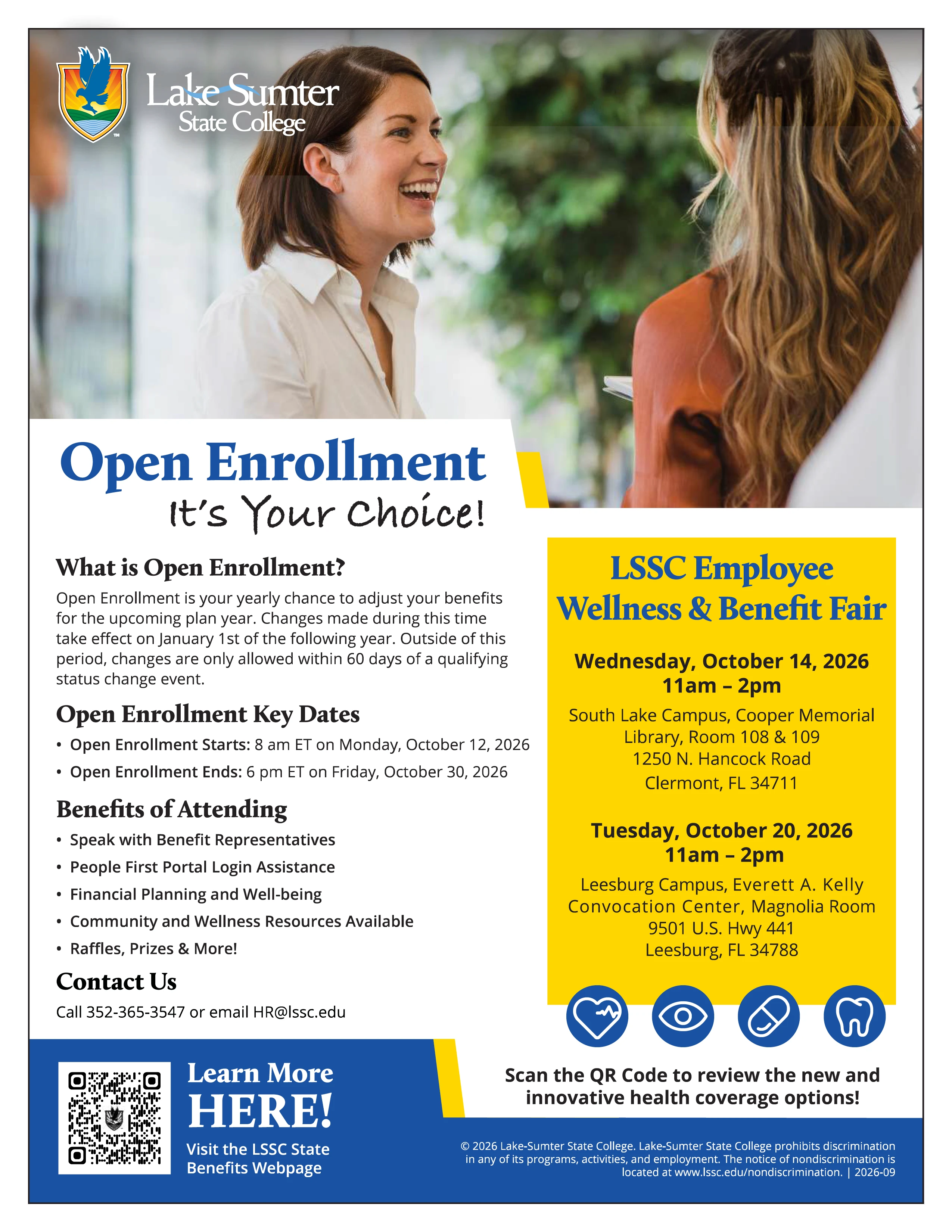 Flyer for Lake Sumter State College Open Enrollment and Employee Wellness Fair with dates, locations, and QR code.