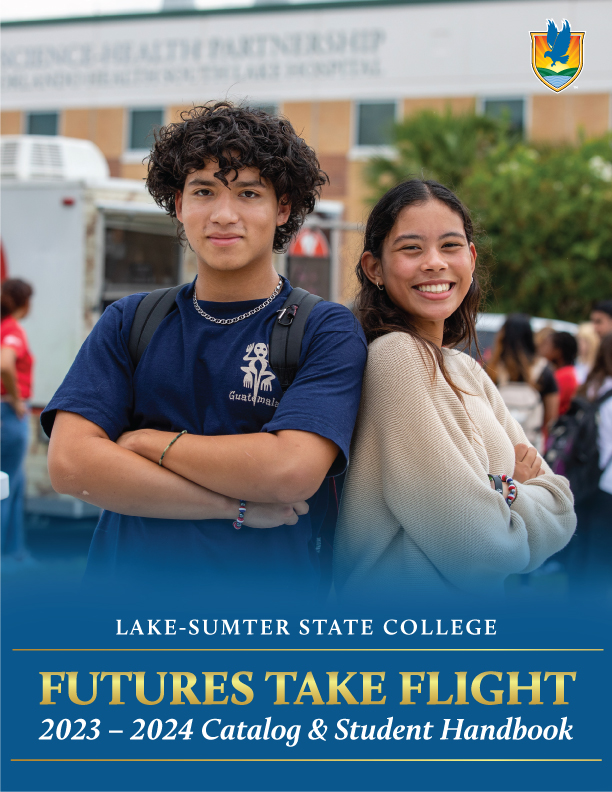 Two students smiling standing in front of a campus building with the words Futures Take Flight 2023-2024 Catalog and Student Handbook
