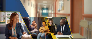 Collage: person smiling, group therapy session, professionals in discussion, blurred hallway setting.