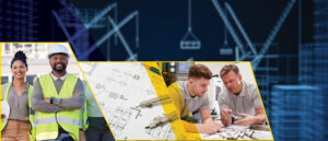 Construction workers with blueprints, individuals reviewing plans, cranes and building outlines in background, collage style.