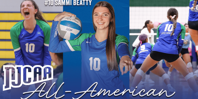 Three-photo volleyball graphic featuring a female Lake-Sumter State College player in a blue and green jersey with number 10 and long braided hair, shown in different action poses including serving and playing at the net, overlaid with the NJCAA logo, the text “All-American,” and “#10 Sammi Beatty” at the top.