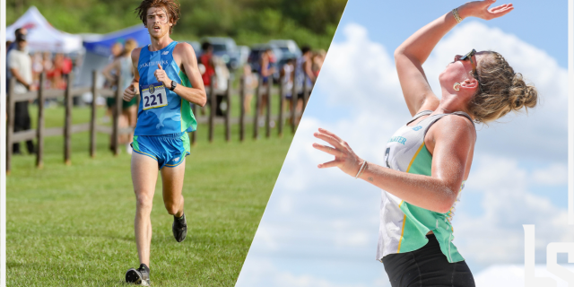 Split image of two Lake-Sumter State College athletes in competition: a male runner in a blue uniform and bib number 221 on a grassy course, and a female volleyball player reaching up to hit a ball against a blue sky.