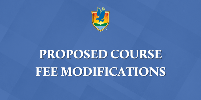 Blue background, crest above "Proposed Course Fee Modifications" in white capital letters.