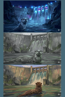 Three-panel artwork of an otter in front of a dam, shifting from dark blue to muted gray to warm daylight tones, showing stylistic progression of the same scene.