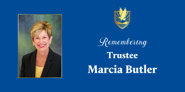 Photo of woman smiling warmly with text Remembering Trustee Marcia Butler