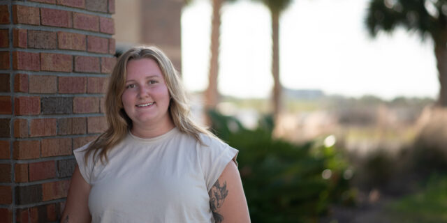 LSSC MLT student Kendall Gohrs poses on LSSC's South Lake campus