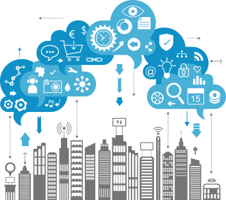 City skyline with devices and technology in clouds symbolizing interconnected nature of technology