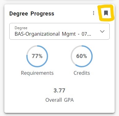 Sample card with partially filled circles show progress toward requirements and credits. Underneath is a 3.77 overall gpa.