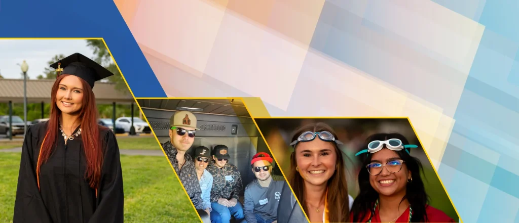 Collage: student in graduation attire, students in fun hats, two students in swim goggles, all smiling. Setting unclear.