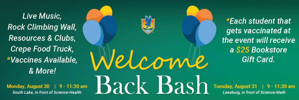 Welcome Back Bash text with balloons and event details