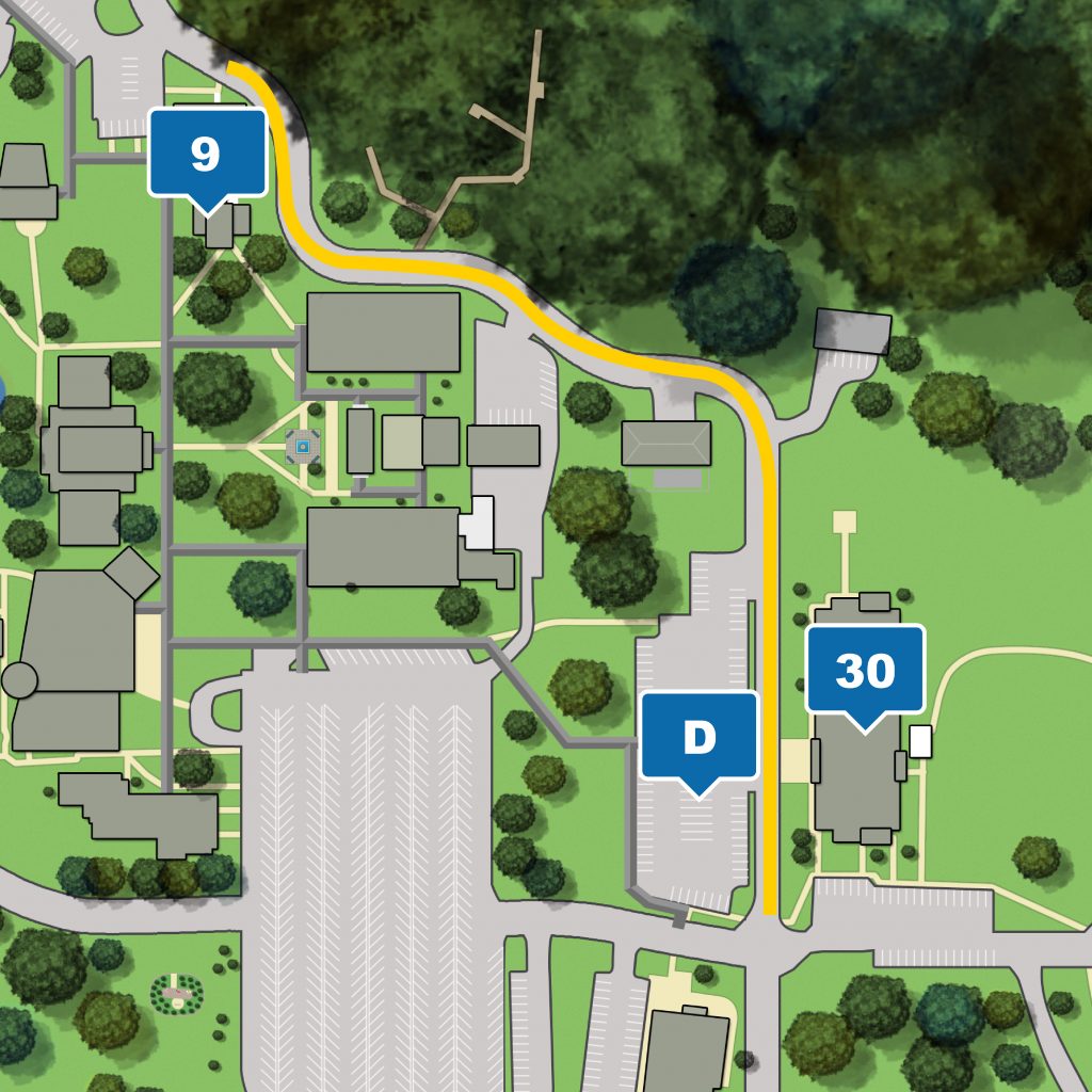 Leesburg campus map highlight roadway closure from Science-Math Building to Student Center