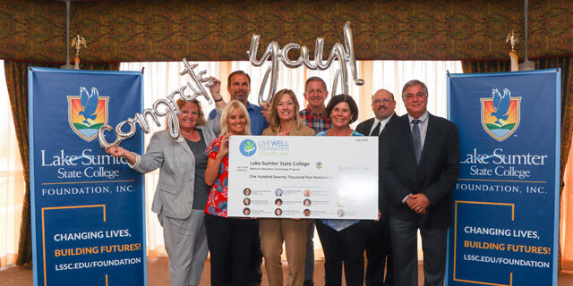 (left to right) Donna Kirtland, Executive Director of LWFSL; (back row) James Nussbaumer, LWFSL Board; Dr. Jeff Duke, LWFSL Board; Carl Specci, LSSC Foundation Board President; (front row) Dr. JoAnn Jones, LWFSL Board; Dr. Laura Byrd, LSSC Foundation; Susan McLean, LWFSL Board & Grant Chair; Dr. Stan Sidor, LSSC President
