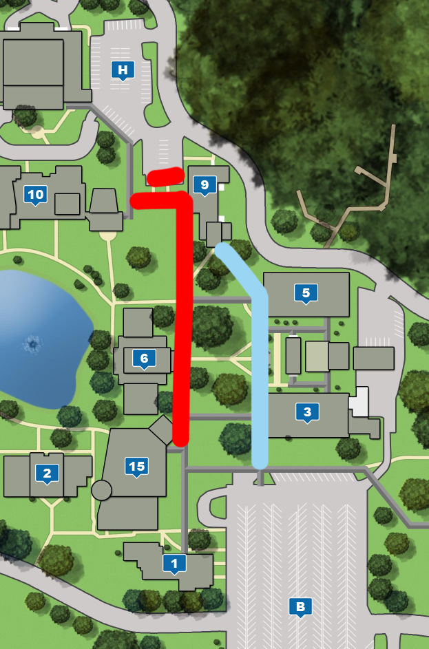 Campus map showing closed sidewalk and highlight alternative route