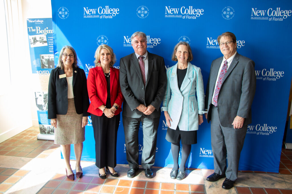 (left to right) Dr. Suzanne Sherman, NCF Provost; Dr. Heather Bigard, LSSC Provost & EVP; Dr. Stan Sidor, LSSC President; Dr. Patricia Okker, NCF President; and Dr. Michael Vitale,  LSSC SVP Academic Affairs; pose for a picture at the ceremony on the New College of Florida campus.