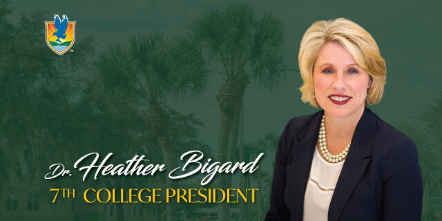 Text reading Dr. Heather Bigard, 7th College President with photo of Dr. Bigard