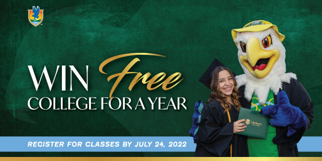 Text: Win Free College for a Year, Register by July 24, 2022. With Swoop posing with a student in graduation regalia