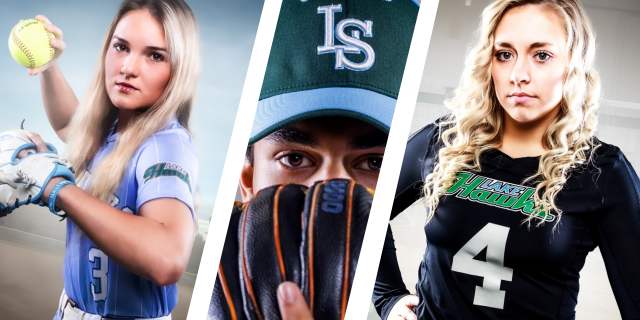 collage of a softball pitcher, baseball player with glove, and volleyball player
