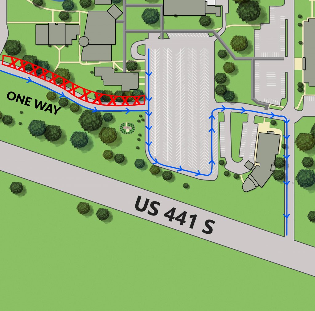 Detail graphic showing closure of one lane of entry road from College Drive off US-441