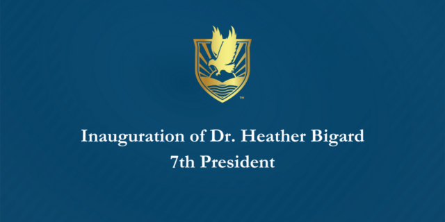 Gold logo with Inauguration of Dr. Heather Bigard, 7th President text