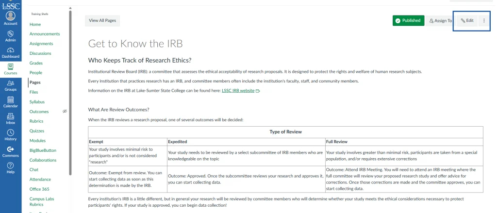 Accessible Canvas page: Get to Know the IRB. Shows research ethics review types, outcomes, navigation buttons.