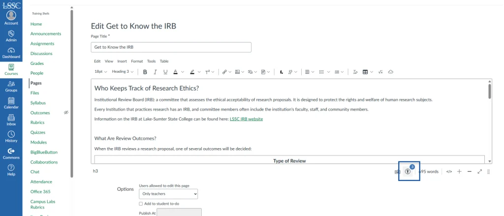 Course editing page, IRB research ethics text, accessible Canvas pages shown, table insert option highlighted right.