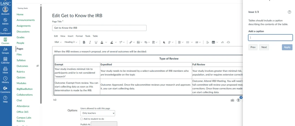 Webpage editing form screenshot; table lists accessible canvas pages, IRB review types.