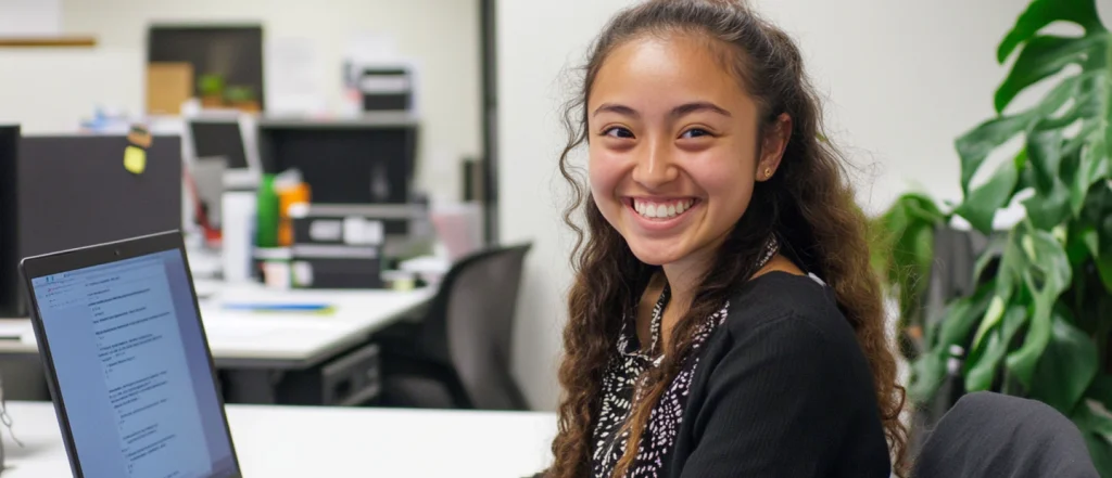 Staff at desk using laptop to create accessible content in bright office setting.