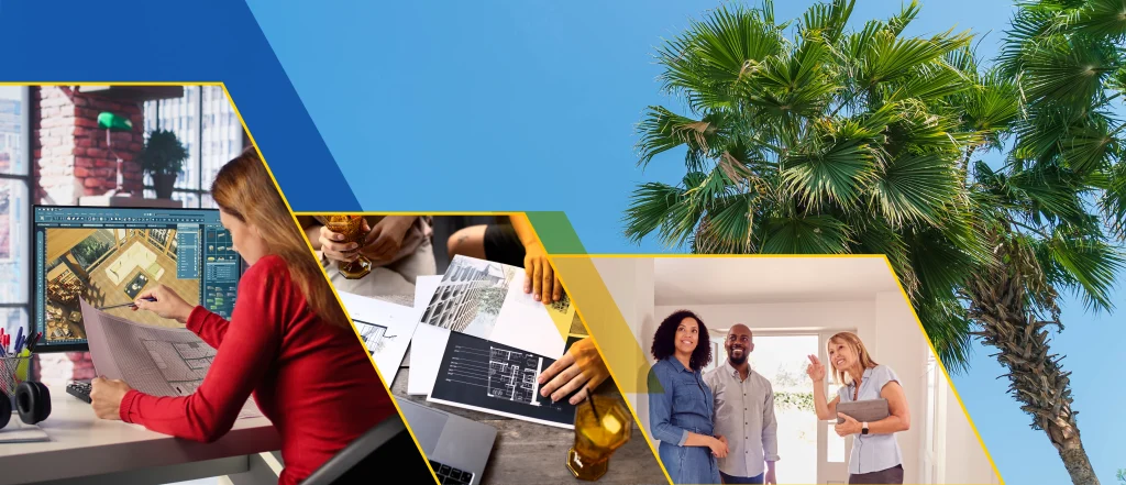 Collage: design concept, hands on blueprints, two individuals with agent, palm trees and sky.