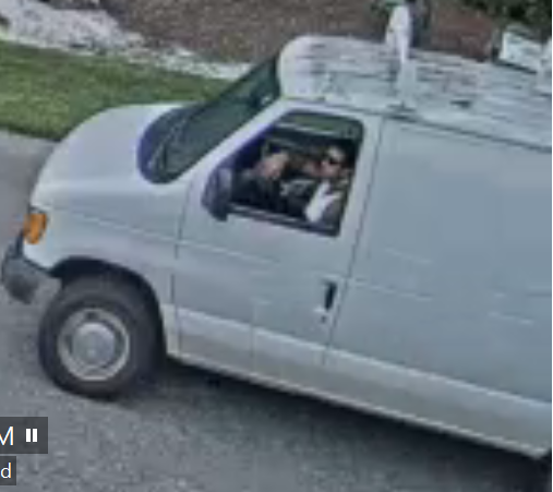 Image: The suspect is identified as a short, stocky, white male with dark hair, a tattoo sleeve on his left arm, wrist tattoo on his right arm, chest tattoos, and possibly neck tattoos. He was driving an older white Ford Econoline van with a broken rear window and a roof rack.