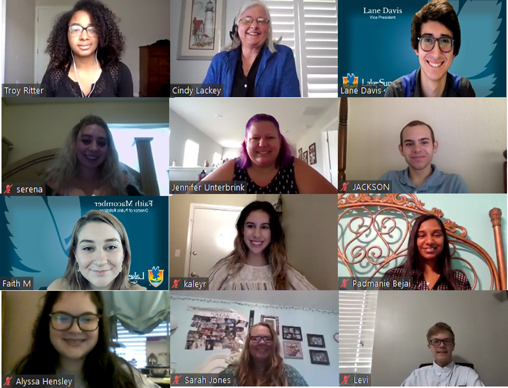 A grid of 12 smiling SGA students and their staff advisors on a video conference