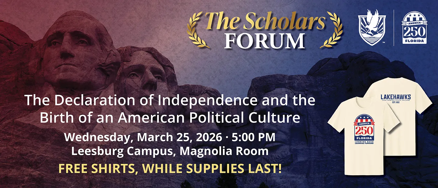 Scholars Forum event flyer, Declaration of Independence topic, classroom setting, free shirts available while supplies last.