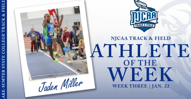 Individual in track uniform competing in long jump, with NJCAA Athlete of the Week text.