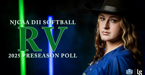 Student in cowboy hat and blue jersey in front of NJCAA DII Softball 2025 Preseason Poll text and green light bars.