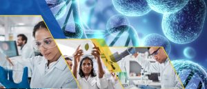 Lab individuals, DNA strands, blue cells; biotechnology, engineering research concept; neutral setting.