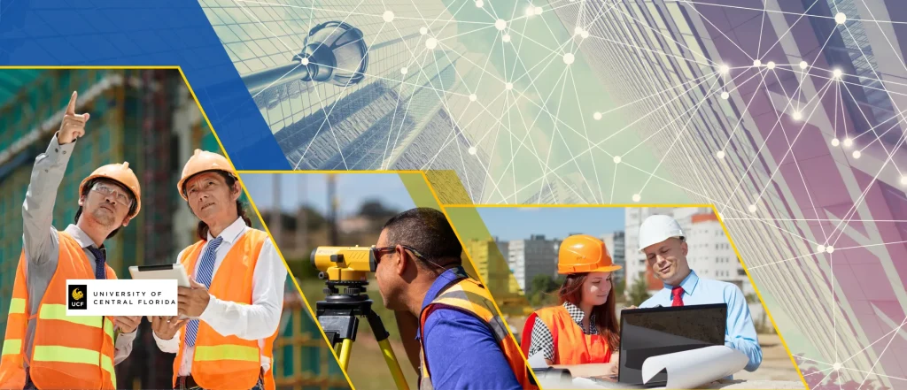 Individuals in safety gear at construction sites reviewing plans, University of Central Florida logo, electrical engineering network graphic.
