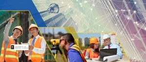Individuals in safety gear at construction sites reviewing plans, University of Central Florida logo, electrical engineering network graphic.