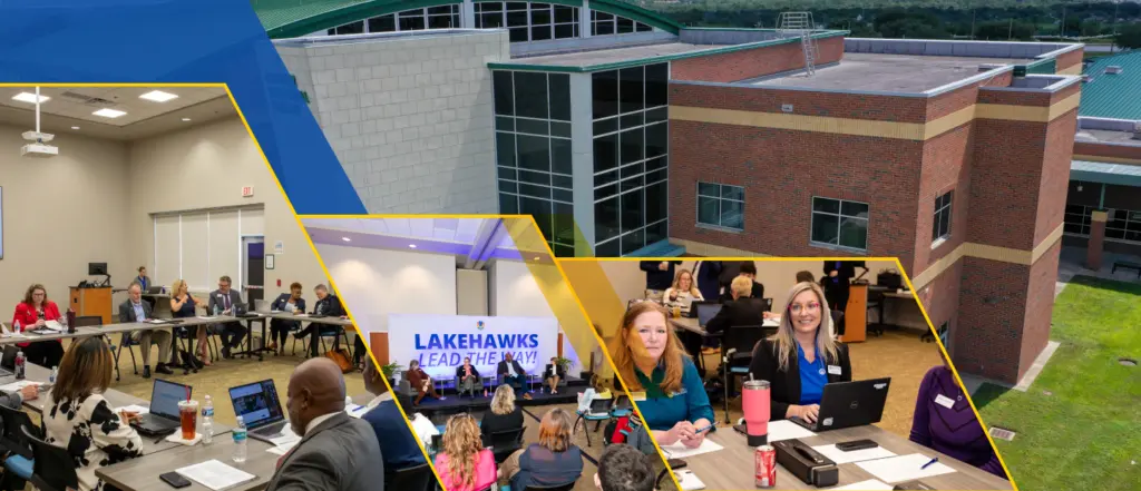Cooper Memorial Library exterior; people at tables in meeting room; presentation slide reads “Lakehawks Lead the Way.”.