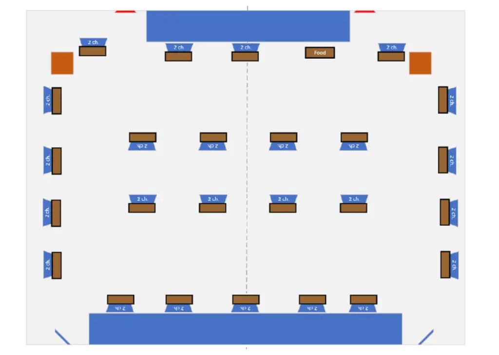 Classroom layout: tables, chairs, food station, blue entry/exit zones top and bottom edges. No individuals shown.