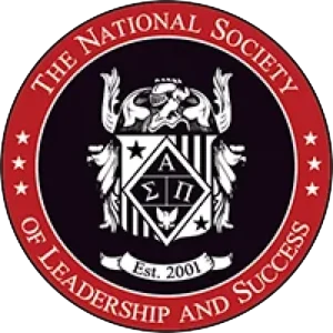 Circular red and black logo, crest, Greek letters; The National Society of Leadership and Success.