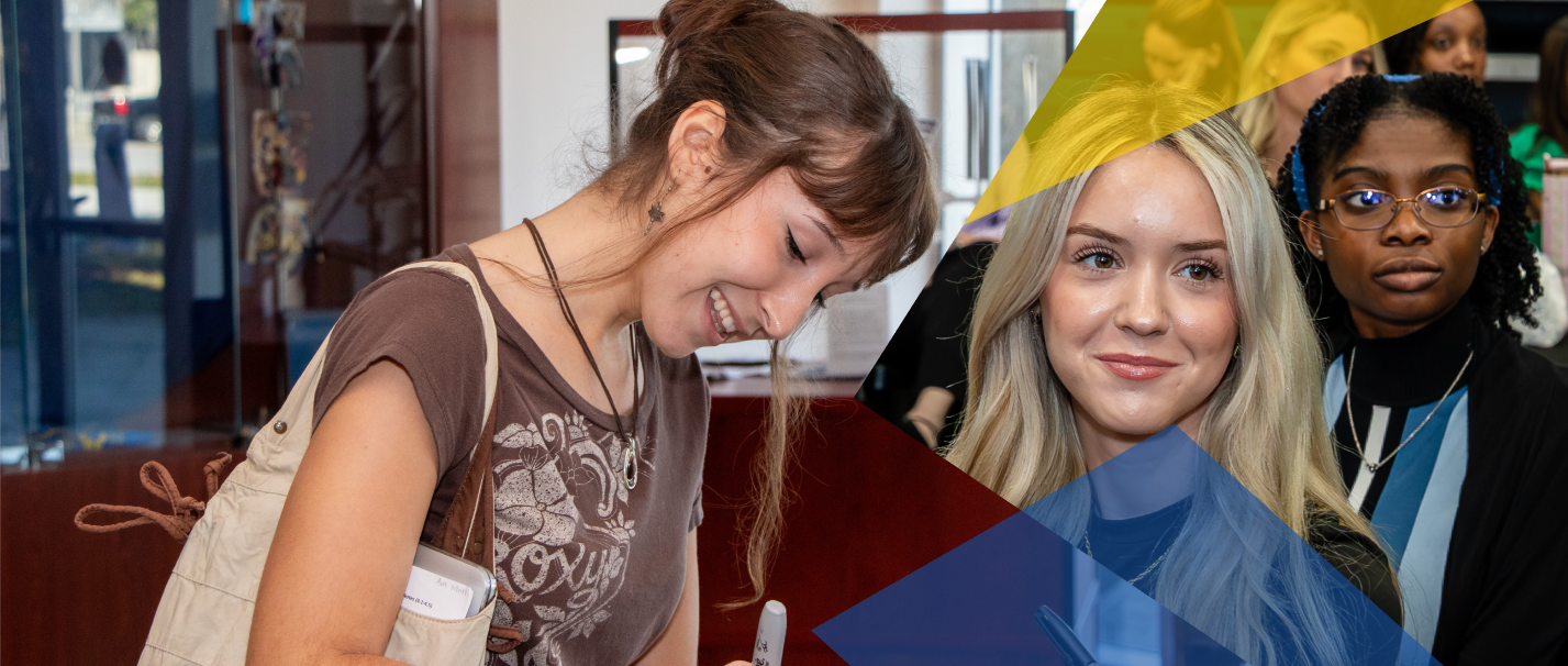 A group of three young students in an indoor setting, with geometric overlays on the right.