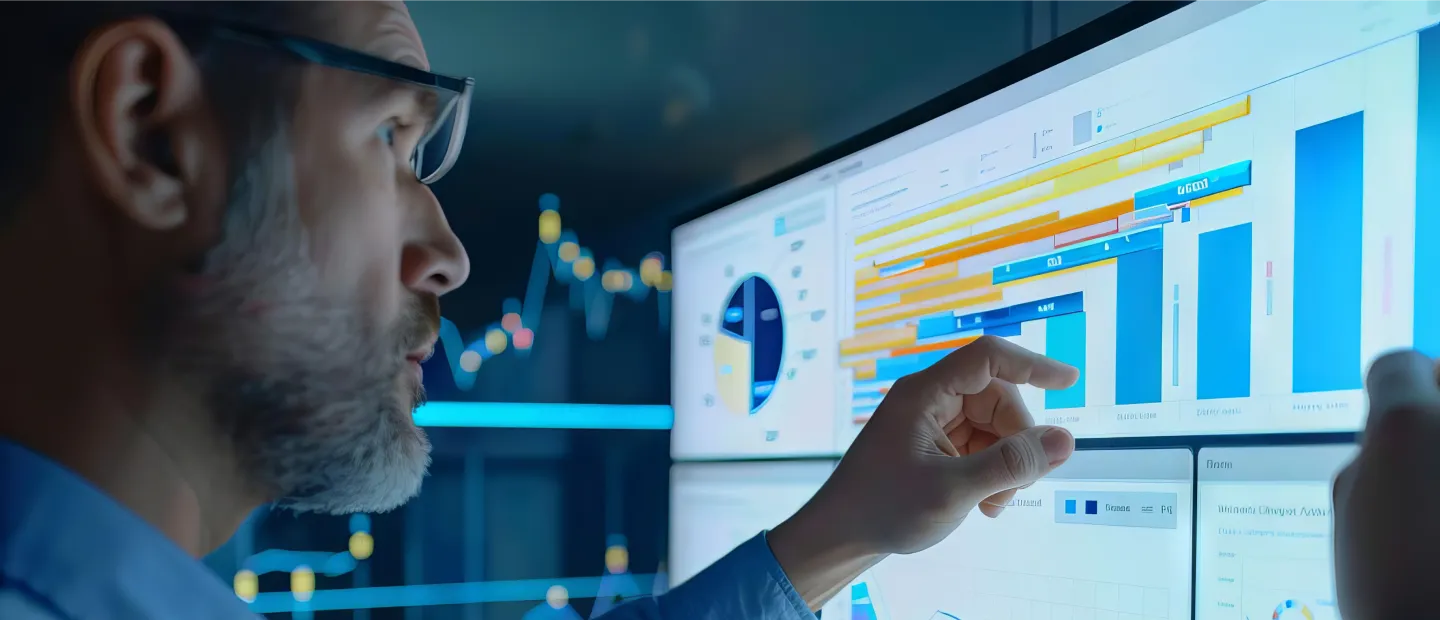 Person pointing at data charts on large screen, graphs and analytics displayed; business statistics and financial trends shown.