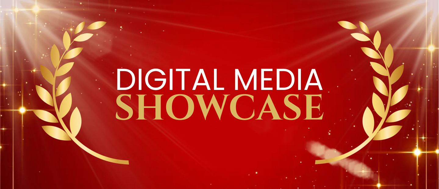 Red background, gold laurel leaves, white and gold text "DIGITAL MEDIA SHOWCASE," glowing light flares.