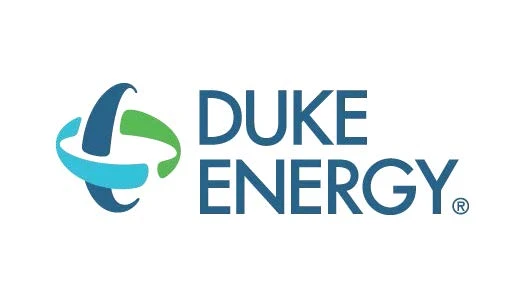 Duke Energy logo, blue and green curved shapes beside bold blue company name on white background.