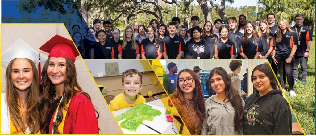 A collage of fphotos showing people in various settings: a group in matching uniforms outdoors, two graduates in caps and gowns, an artist working at a table with paint supplies, and three individuals standing indoors facing the camera. The collage captures moments of community, achievement, creativity, and togetherness.