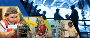Collage of individuals in electrical engineering with machines, technology, and University of Central Florida logo; classroom and lab settings.