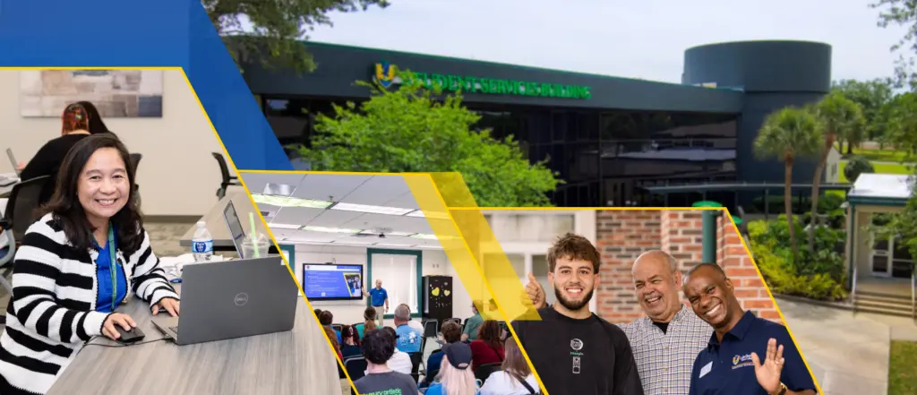 Collage: person at laptop, classroom, three individuals posing, large school building in background.