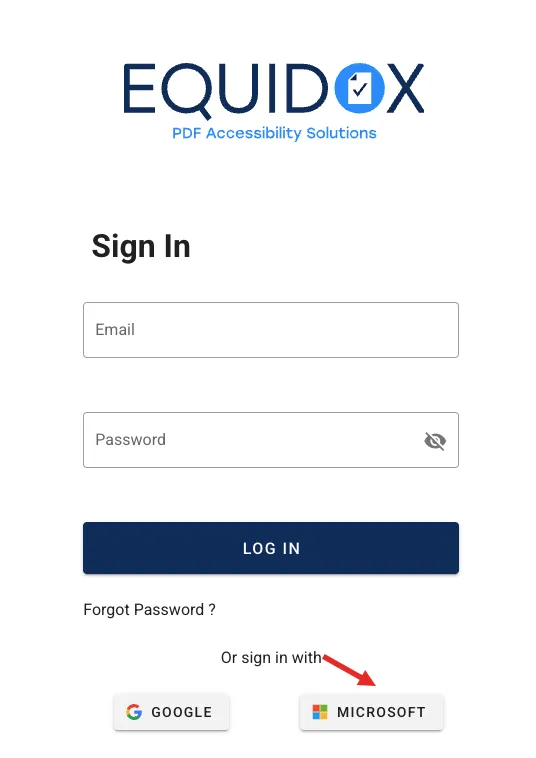 Equidox login page with email, password fields, plus Google and Microsoft sign-in options. No users shown.