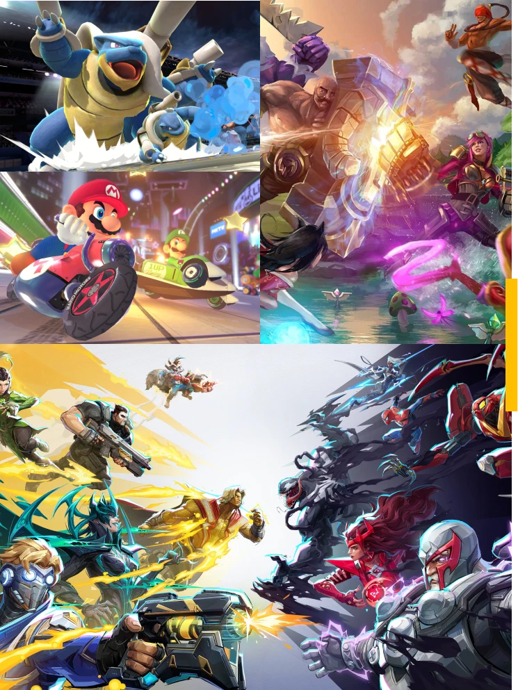 Mario Kart Battle image, featuring Mario Kart, with Bowser and other characters in the background. Dark background with neon lights.