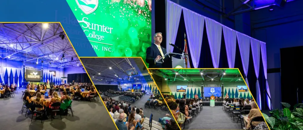 Four images: event in lecture hall, President Temple at podium, attendees seated, large screen shows Lake-Sumter State College.